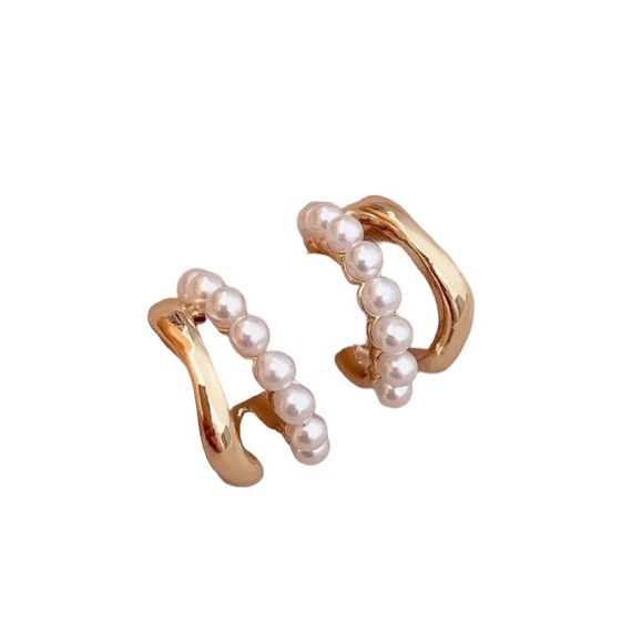 Gold and Mini Pearl Double Layer Hoop Earrings - Picture 1 of 5